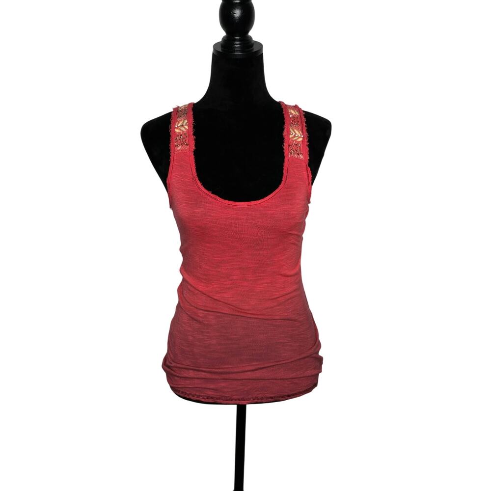 Vintage Miss Me Y2K Womens M Coral Tank Top Rhinestone Crochet Racerback Western
